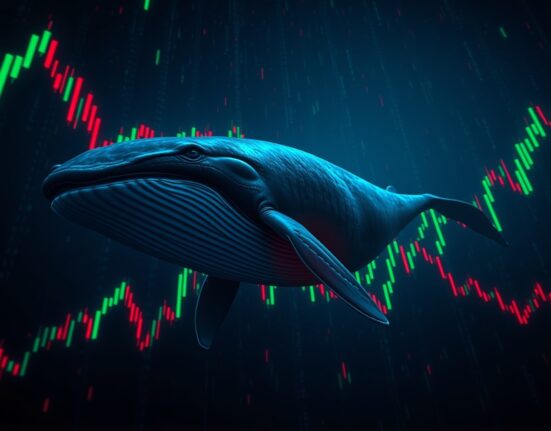 A digital whale swimming through ocean of candlestick charts, representing a massive short position on Hyperliquid.