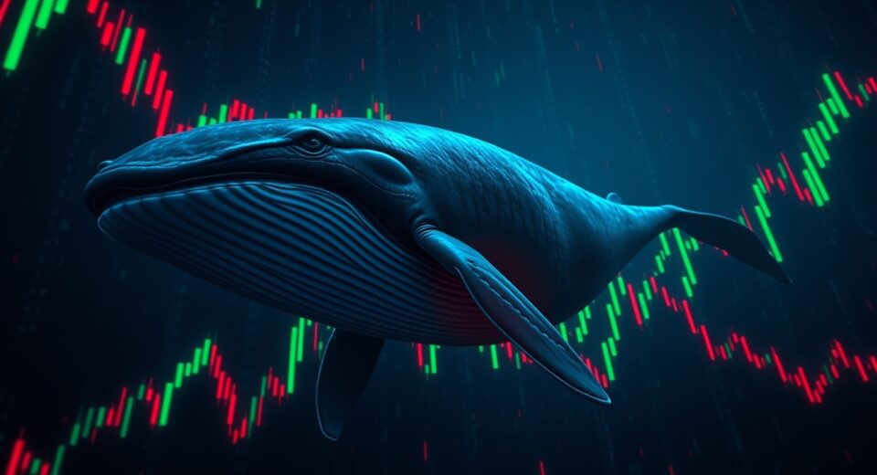 A digital whale swimming through ocean of candlestick charts, representing a massive short position on Hyperliquid.