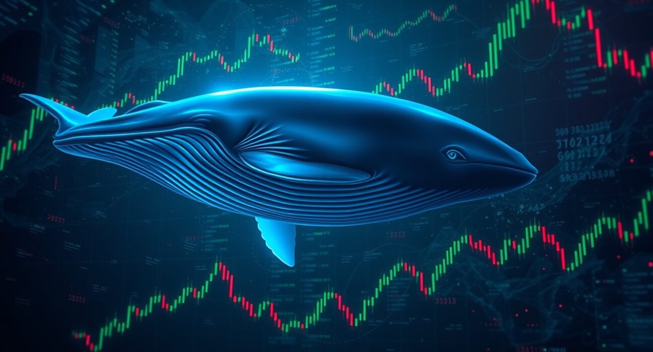A whale swimming through digital financial data and trading charts, representing a large leveraged Ethereum position.