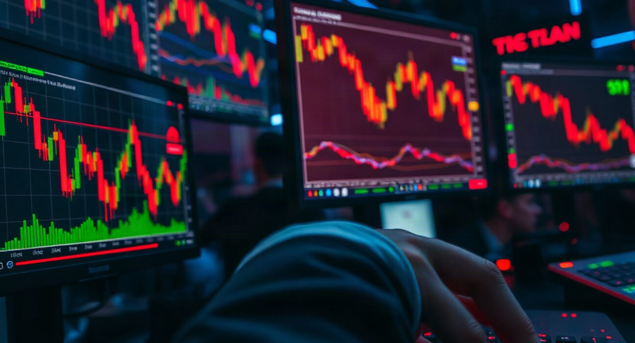 Trader monitoring Bitcoin and Solana charts on multiple screens in a dark trading room