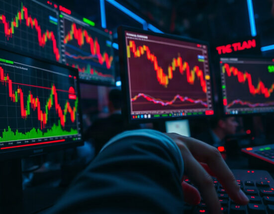 Trader monitoring Bitcoin and Solana charts on multiple screens in a dark trading room