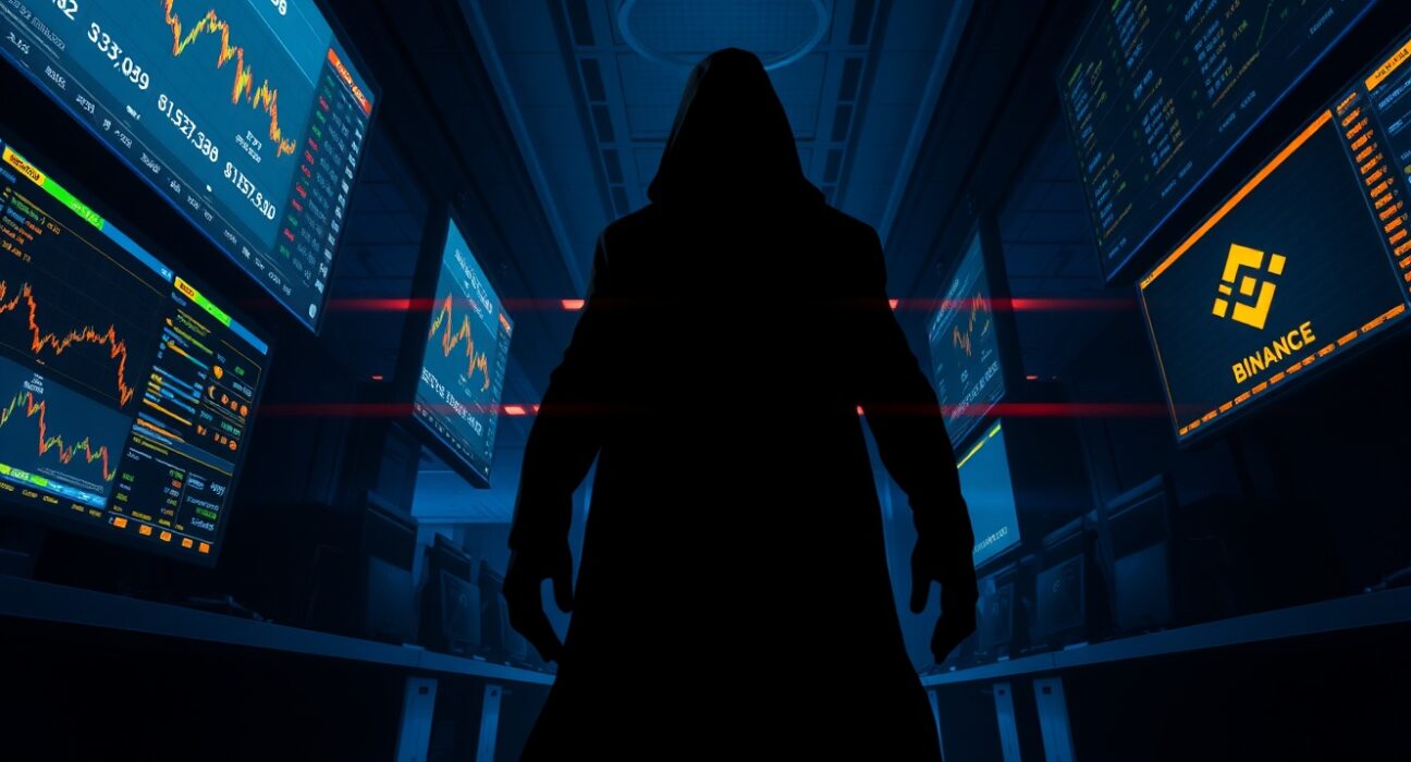 A shadowy whale figure in a trading floor with screens showing crypto charts
