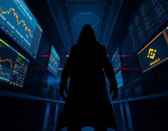 A shadowy whale figure in a trading floor with screens showing crypto charts