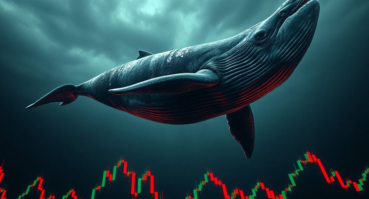 A whale swimming above volatile Bitcoin candlestick charts, representing a high-leverage short position at risk of liquidation.