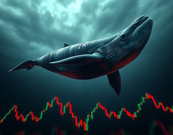 A whale swimming above volatile Bitcoin candlestick charts, representing a high-leverage short position at risk of liquidation.
