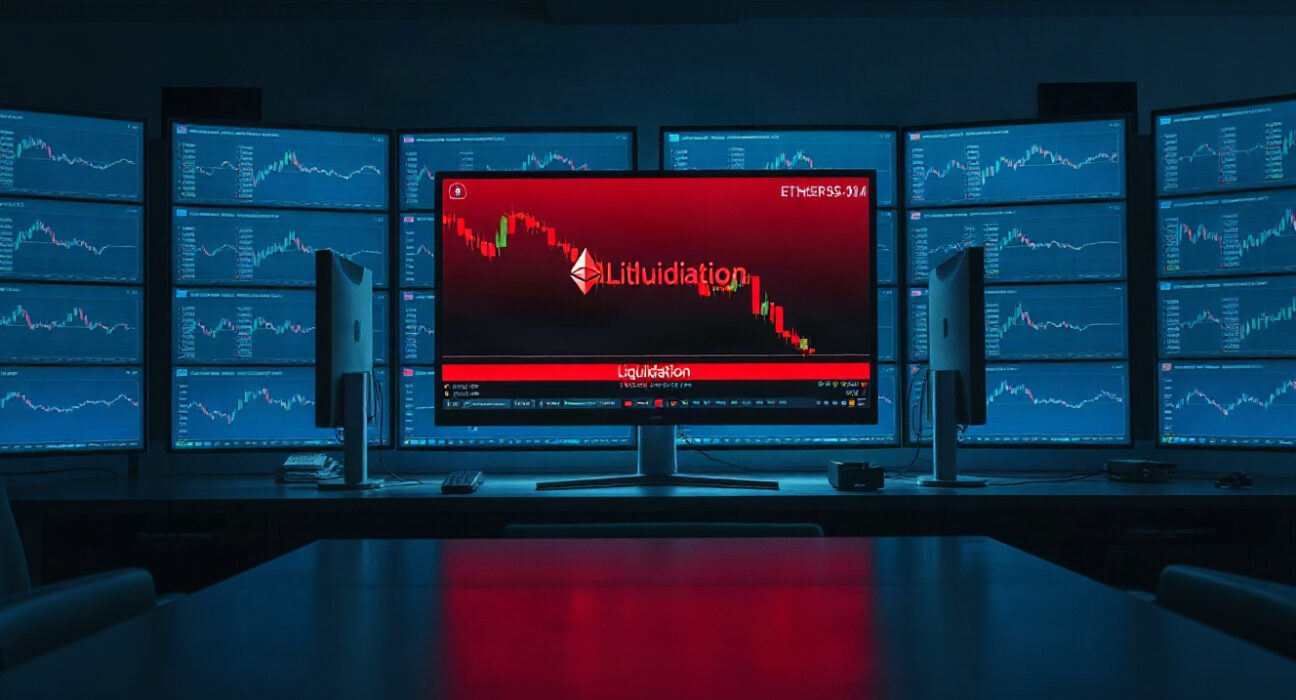 Trading desk monitors showing Ethereum price charts with a liquidation alert, illustrating a whale's $23.9M loss.