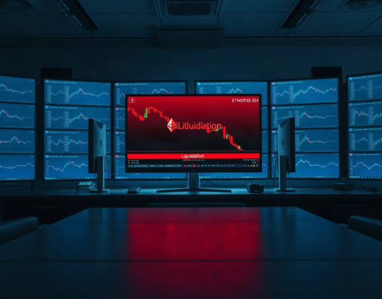 Trading desk monitors showing Ethereum price charts with a liquidation alert, illustrating a whale's $23.9M loss.