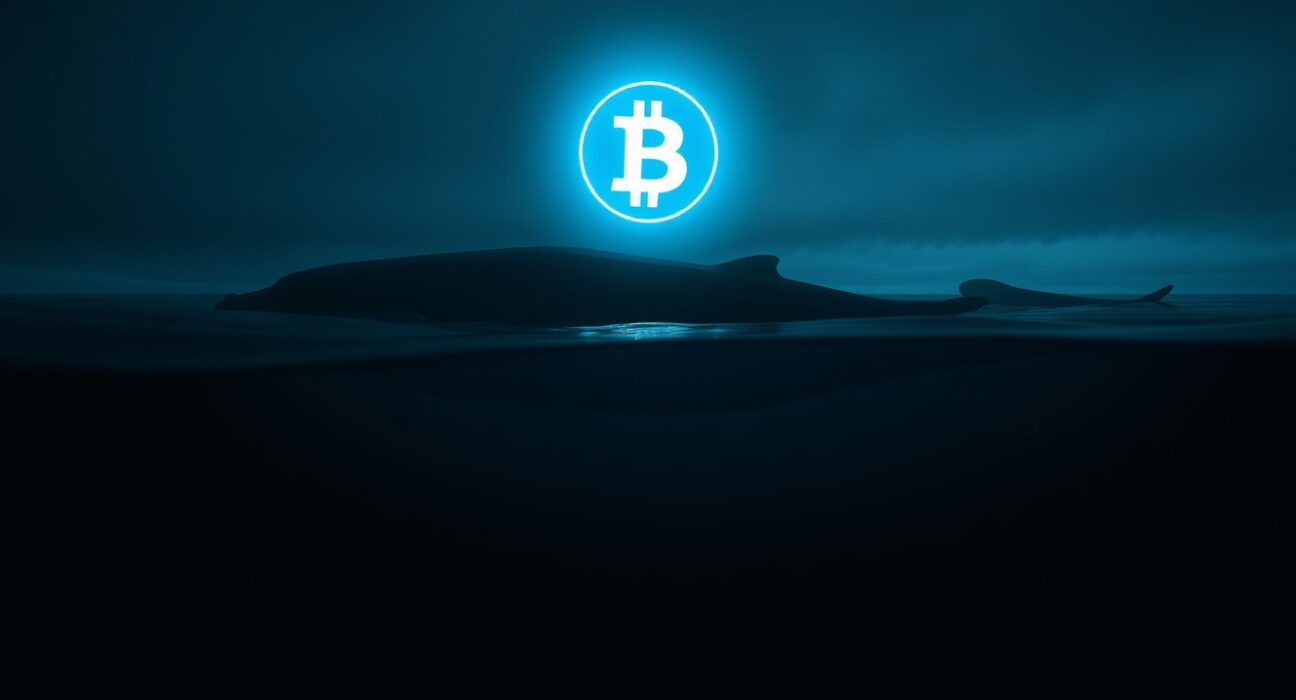 A whale silhouette with a glowing cryptocurrency token symbol above water, representing a major crypto trader making a large purchase.