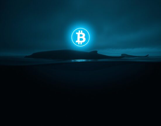 A whale silhouette with a glowing cryptocurrency token symbol above water, representing a major crypto trader making a large purchase.