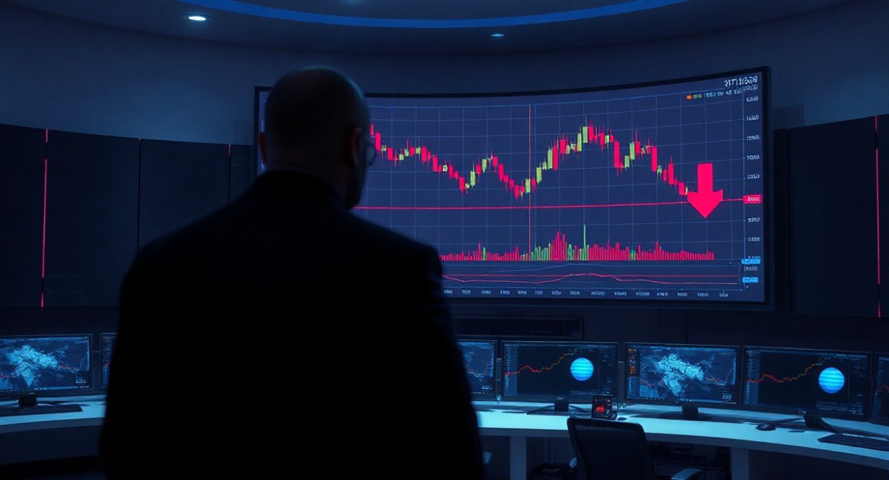 A whale trader monitoring a Bitcoin bearish chart on a large screen in a dark trading room.