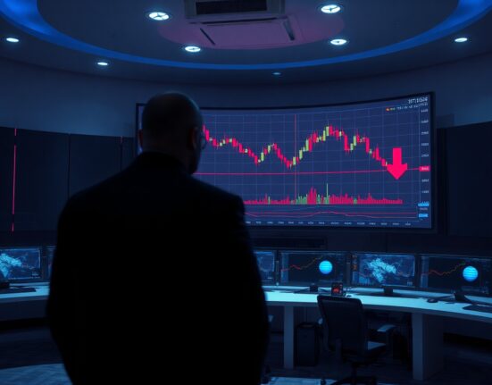 A whale trader monitoring a Bitcoin bearish chart on a large screen in a dark trading room.