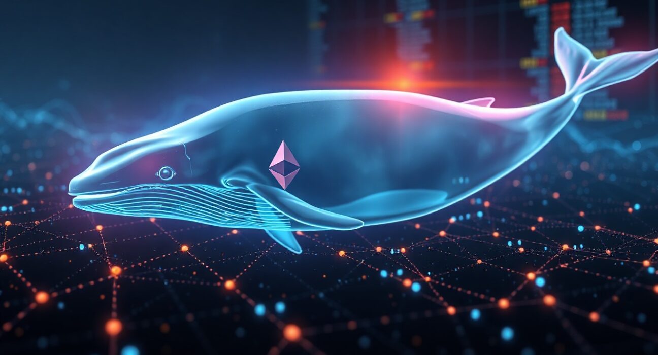Digital whale swimming through Ethereum blockchain data streams representing large cryptocurrency purchase.