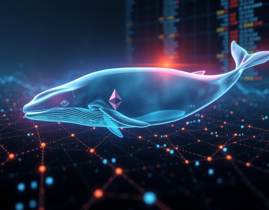 Digital whale swimming through Ethereum blockchain data streams representing large cryptocurrency purchase.