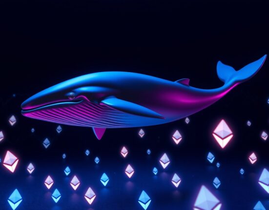 Digital whale swimming through Ethereum symbols in a dark, data-filled ocean
