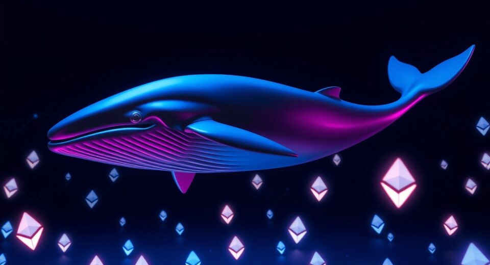 Digital whale swimming through Ethereum symbols in a dark, data-filled ocean