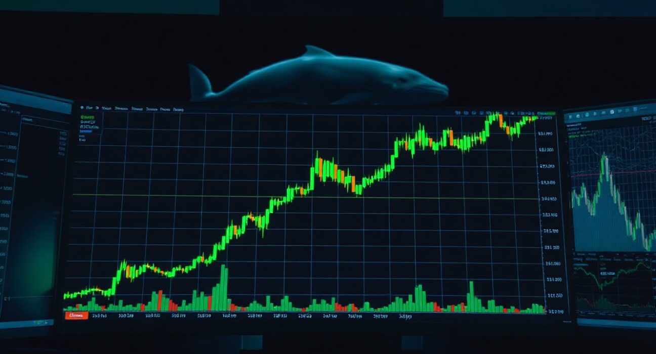 A dark cryptocurrency trading dashboard with a green price chart and a whale silhouette in the background.