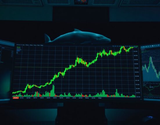 A dark cryptocurrency trading dashboard with a green price chart and a whale silhouette in the background.
