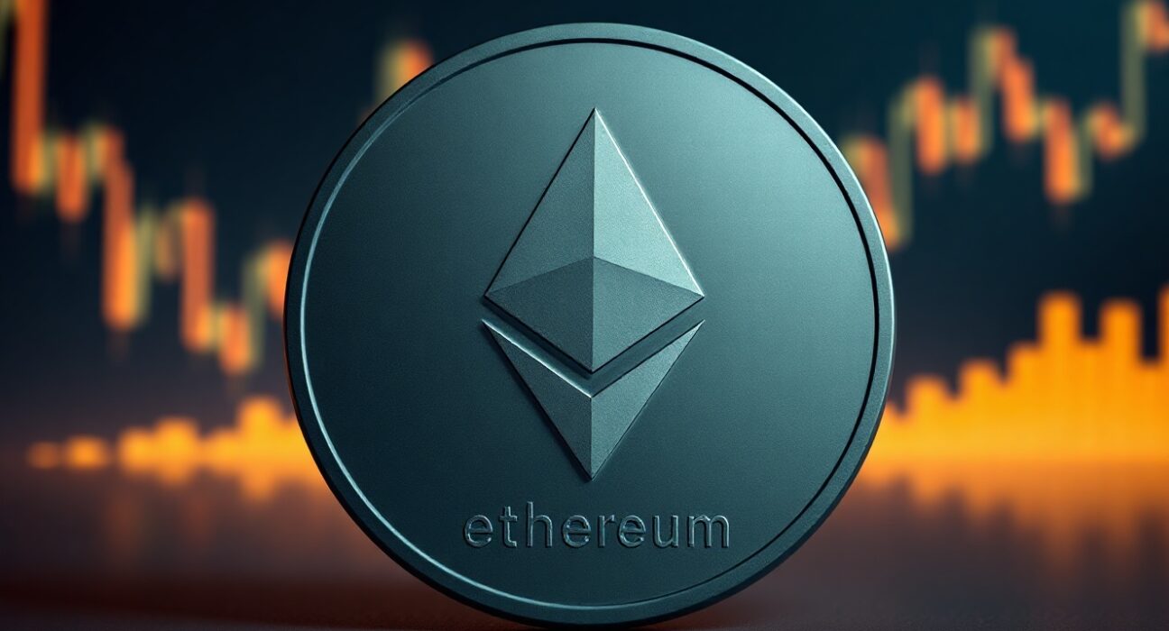 Ethereum coin with blockchain network connections on dark background