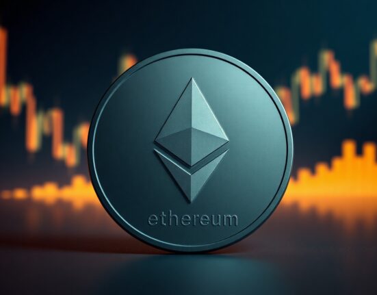 Ethereum coin with blockchain network connections on dark background