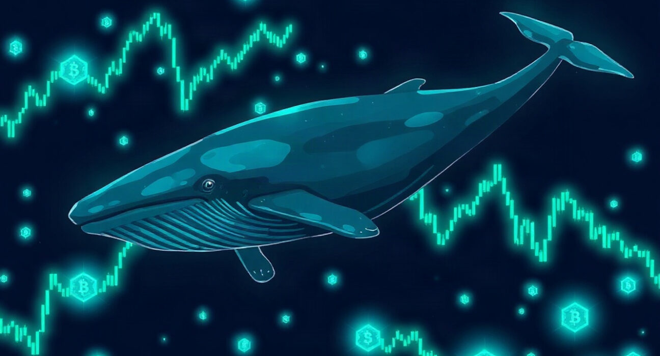 Illustration of a whale swimming through digital crypto charts, representing large HYPE token accumulation.