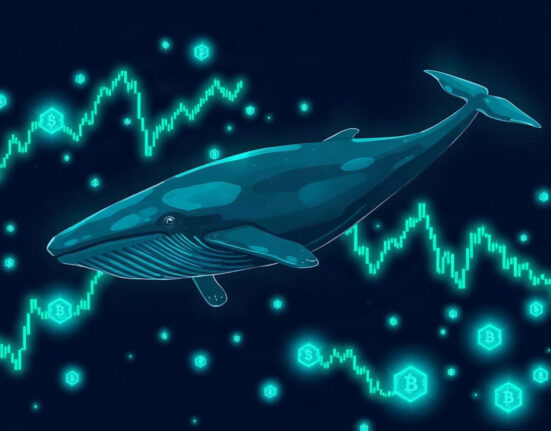 Illustration of a whale swimming through digital crypto charts, representing large HYPE token accumulation.