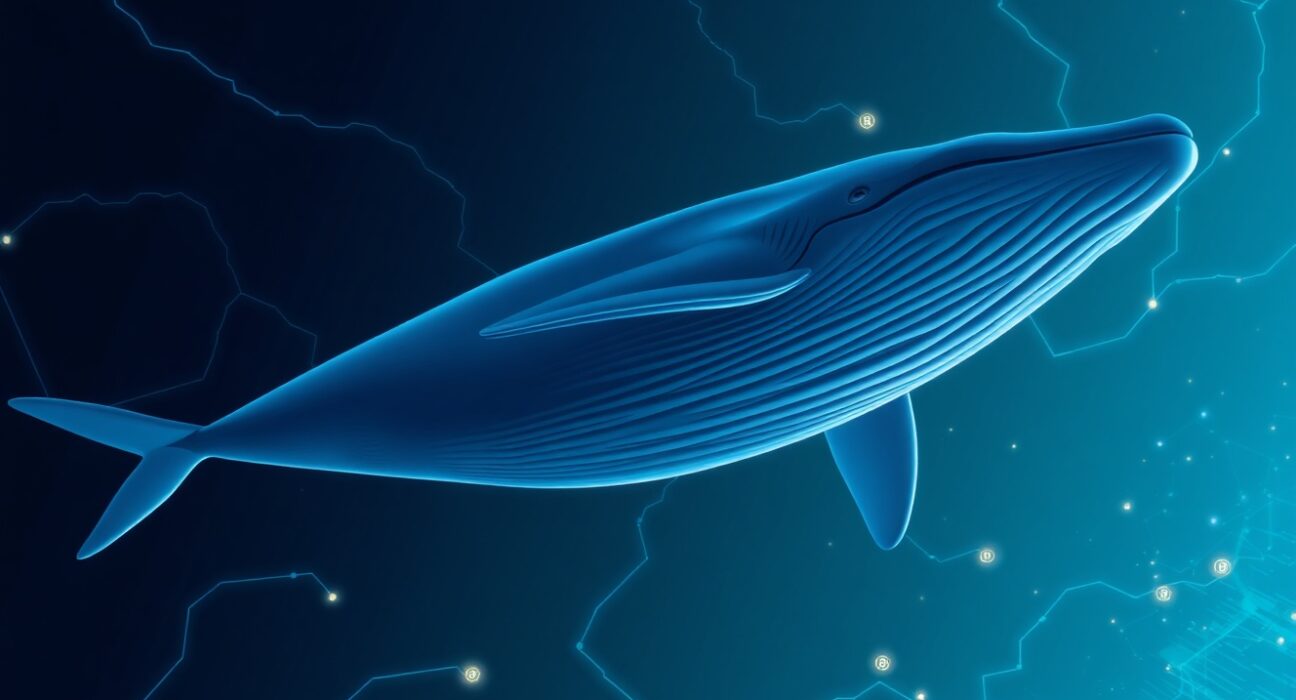 A blue whale swimming through a digital ocean of blockchain data streams and HYPE token symbols.