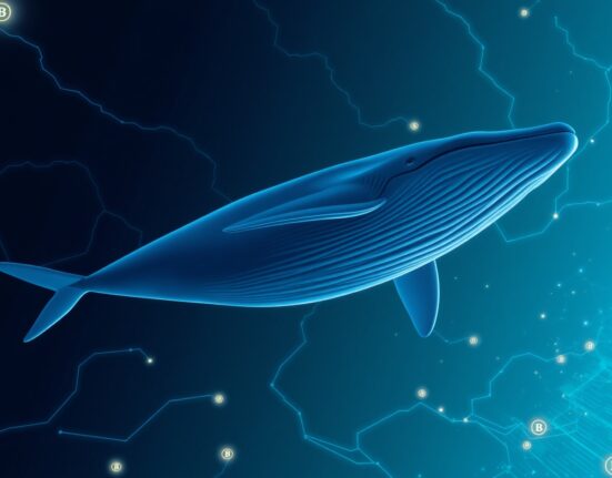 A blue whale swimming through a digital ocean of blockchain data streams and HYPE token symbols.