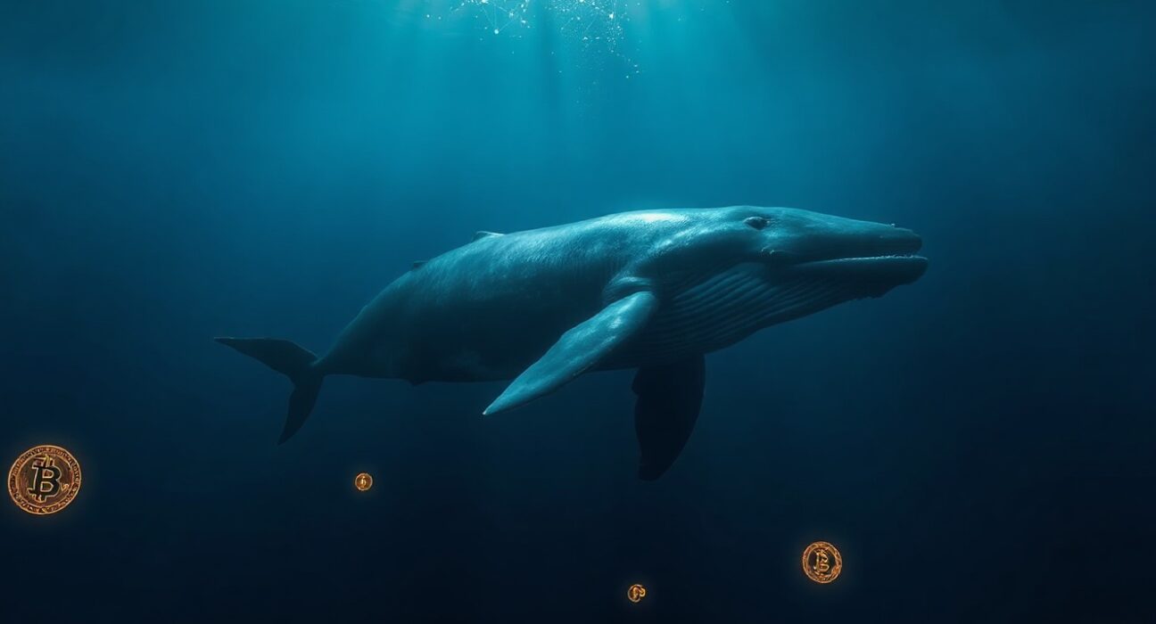 A whale swimming in deep ocean with digital network lines representing crypto accumulation