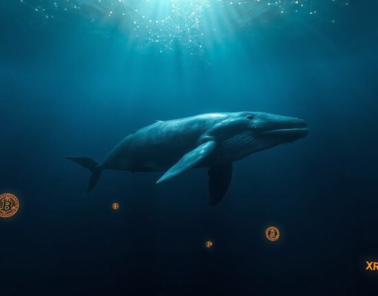 A whale swimming in deep ocean with digital network lines representing crypto accumulation