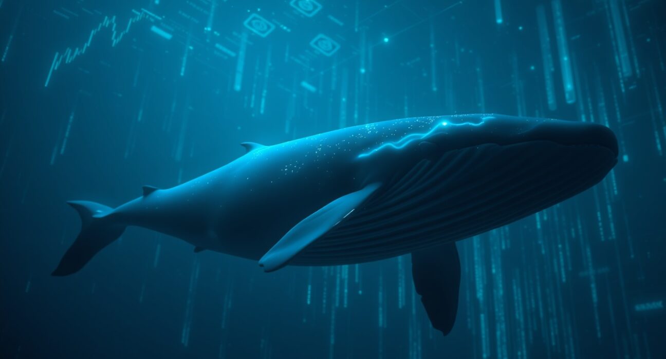 A digital whale swimming through a blockchain data ocean, representing a large cryptocurrency purchase.