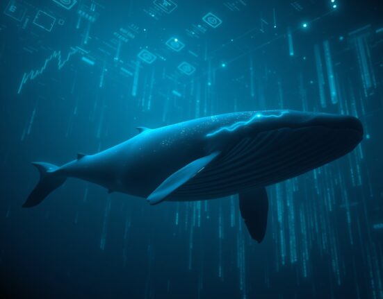 A digital whale swimming through a blockchain data ocean, representing a large cryptocurrency purchase.