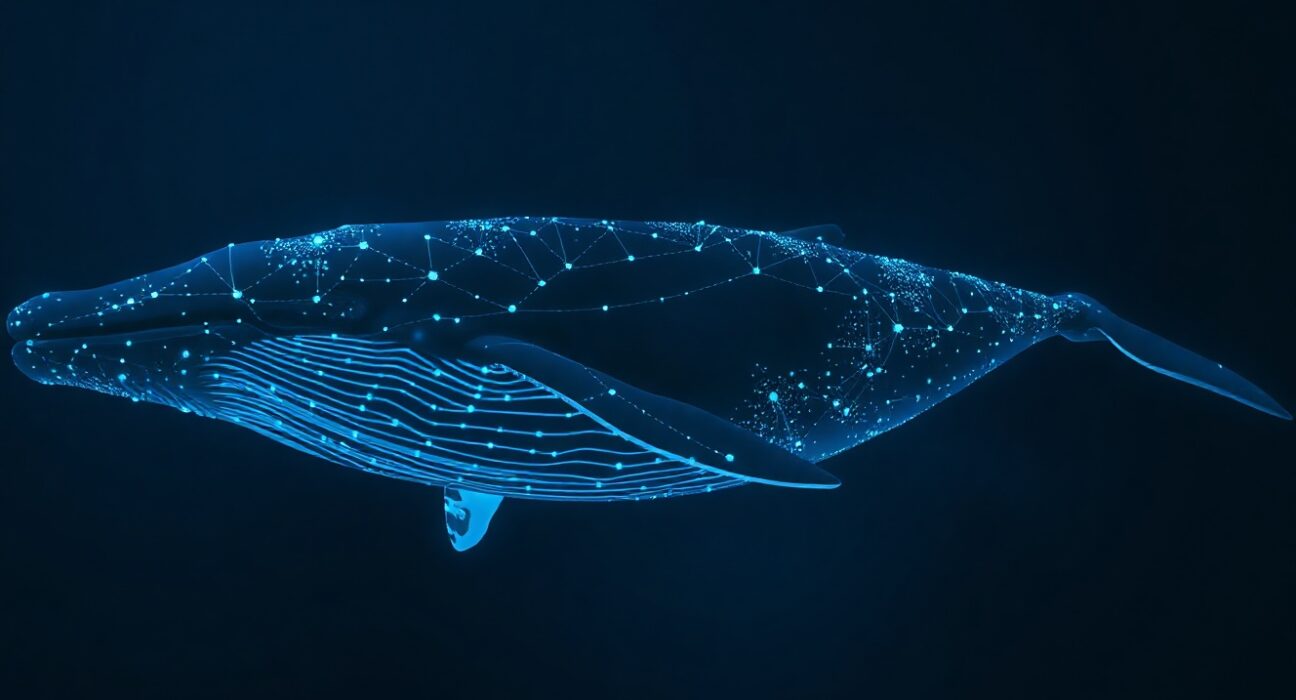 A whale symbolizing a crypto whale swimming near blockchain data streams, representing a large ENA purchase and stake on Ethena.