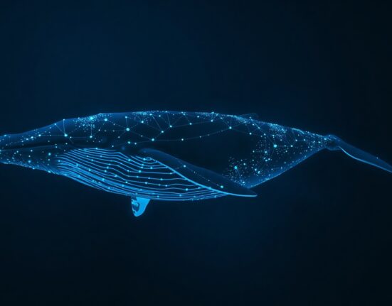 A whale symbolizing a crypto whale swimming near blockchain data streams, representing a large ENA purchase and stake on Ethena.