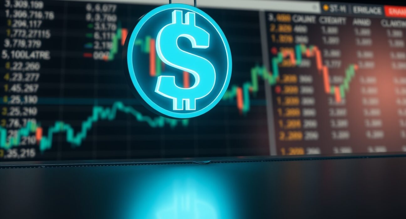 A glowing USDC stablecoin symbol above a cryptocurrency exchange interface, representing a large transfer to Coinbase.
