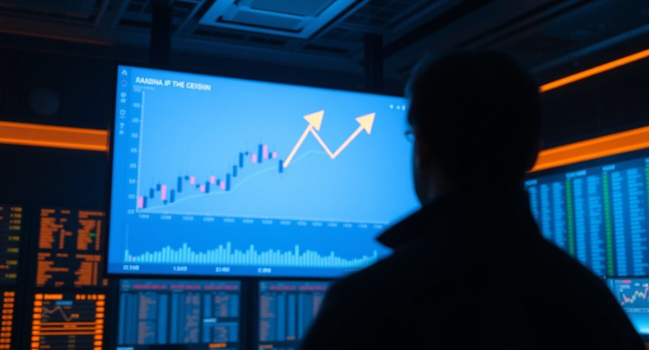 Large digital trading screen with candlestick chart and upward arrow in a dark trading room