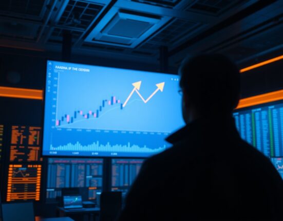Large digital trading screen with candlestick chart and upward arrow in a dark trading room