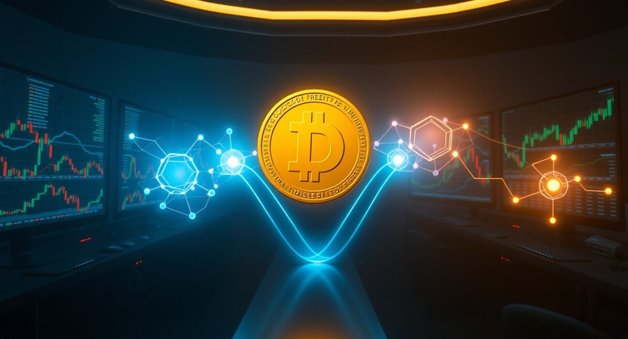 Illustration of a large golden Dogecoin being transferred across a digital blockchain network with data streams and monitors.