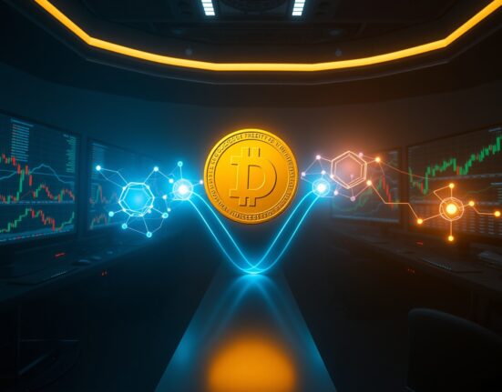 Illustration of a large golden Dogecoin being transferred across a digital blockchain network with data streams and monitors.