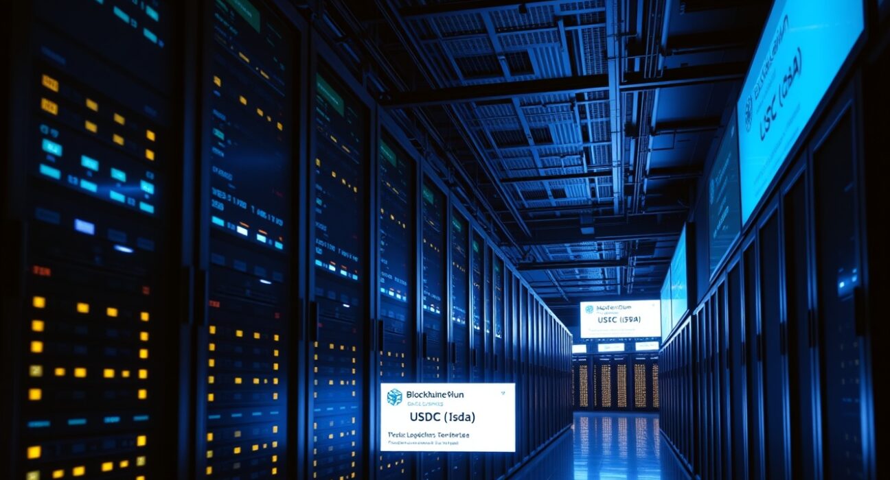 A modern data center with screens showing a large USDC blockchain transaction confirmation.
