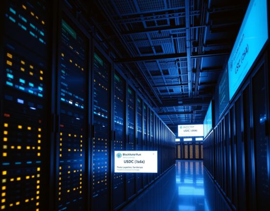 A modern data center with screens showing a large USDC blockchain transaction confirmation.