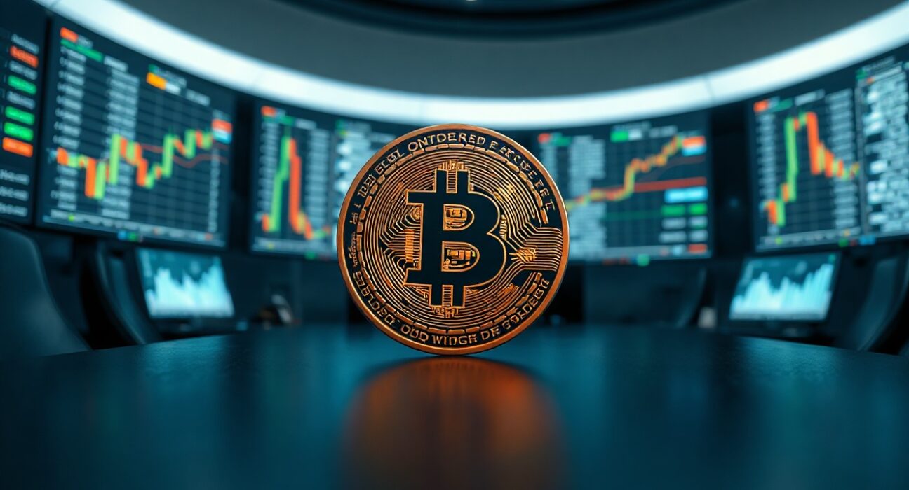 Bitcoin coin on a trading desk with monitors showing charts, representing whale activity and large BTC transfers.