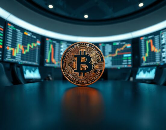 Bitcoin coin on a trading desk with monitors showing charts, representing whale activity and large BTC transfers.