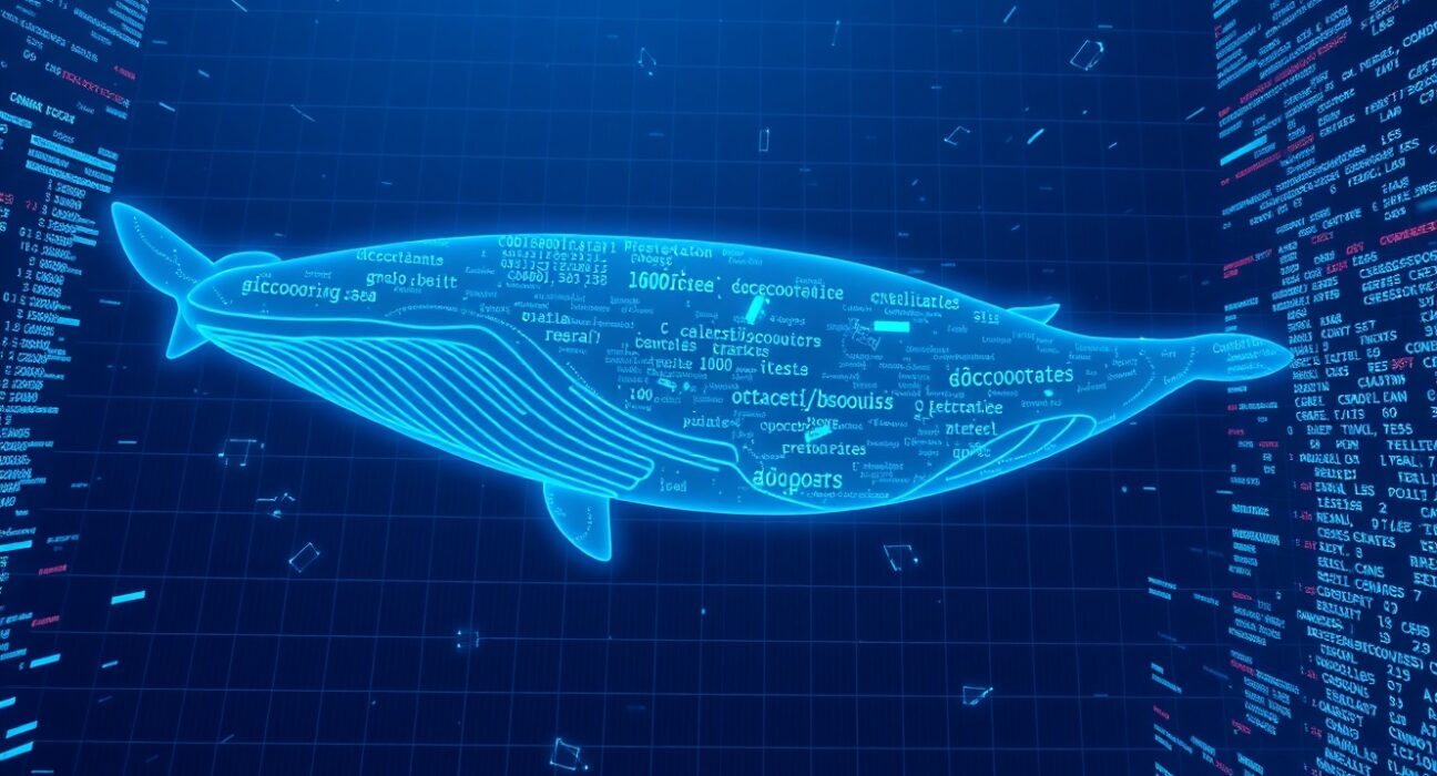 Digital whale swimming through crypto charts representing a large leveraged trade