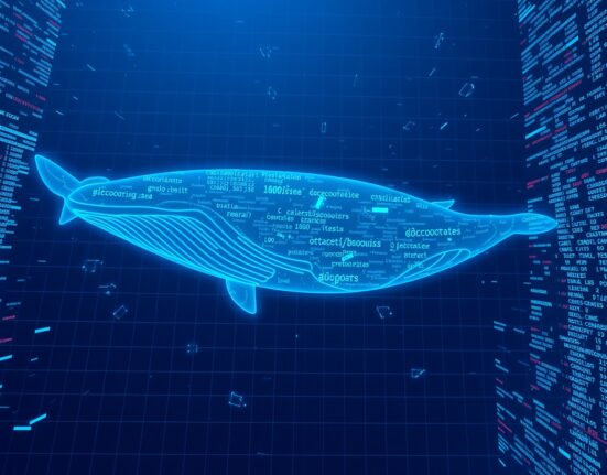 Digital whale swimming through crypto charts representing a large leveraged trade