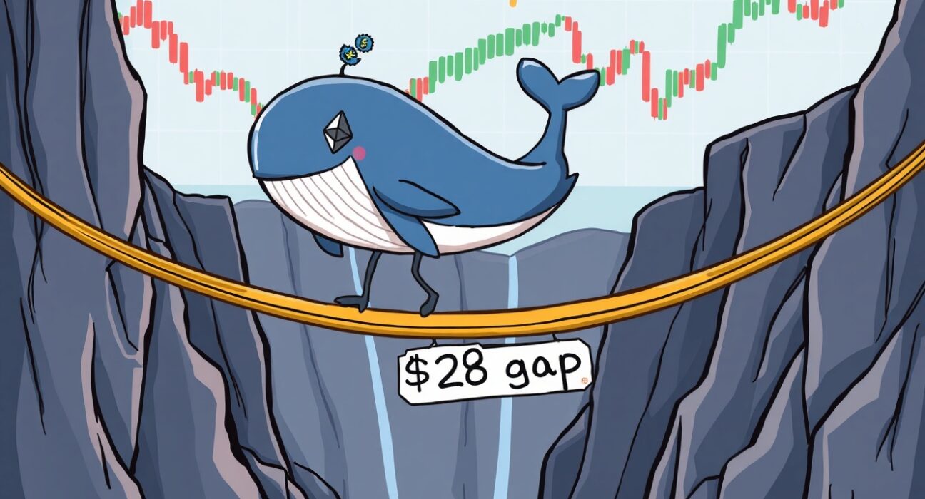 A cartoon whale narrowly avoiding ETH liquidation on a cryptocurrency chart.