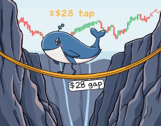 A cartoon whale narrowly avoiding ETH liquidation on a cryptocurrency chart.