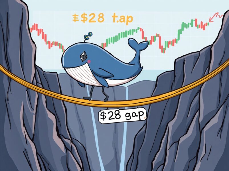 A cartoon whale narrowly avoiding ETH liquidation on a cryptocurrency chart.