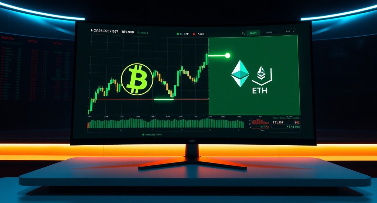 Cryptocurrency trading dashboard showing a Bitcoin to Ethereum portfolio rebalance on a monitor in a professional trading office.