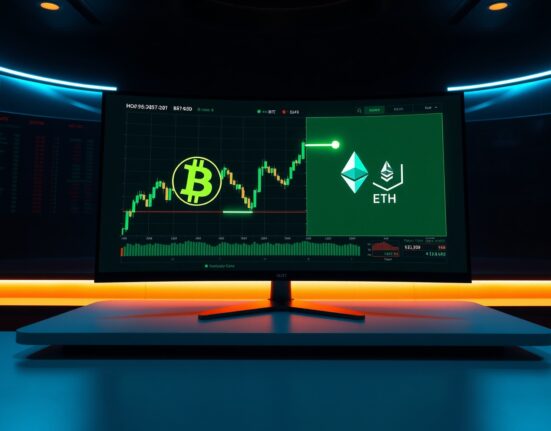 Cryptocurrency trading dashboard showing a Bitcoin to Ethereum portfolio rebalance on a monitor in a professional trading office.