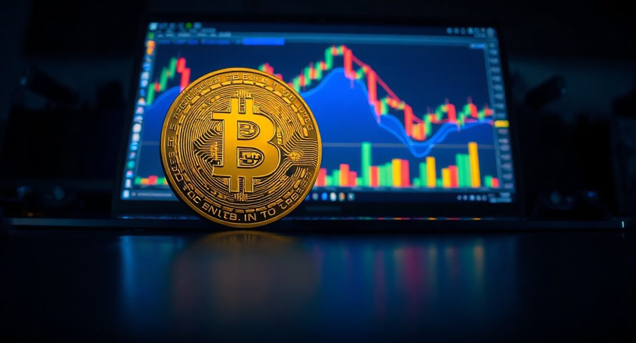 Bitcoin coin in foreground with trading charts in background illustrating a liquidation event